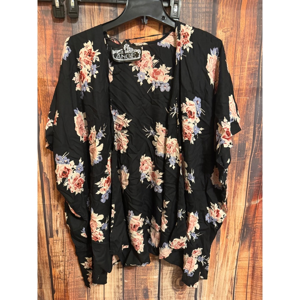 Angie Floral Kimono Wrap Black Pink Rose Boho Open Front Cover Up OS NWT